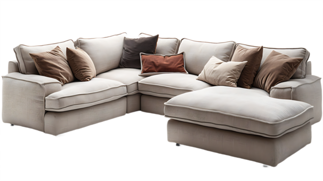 U shaped sectional wood sofa with cushions isolated on transparent background