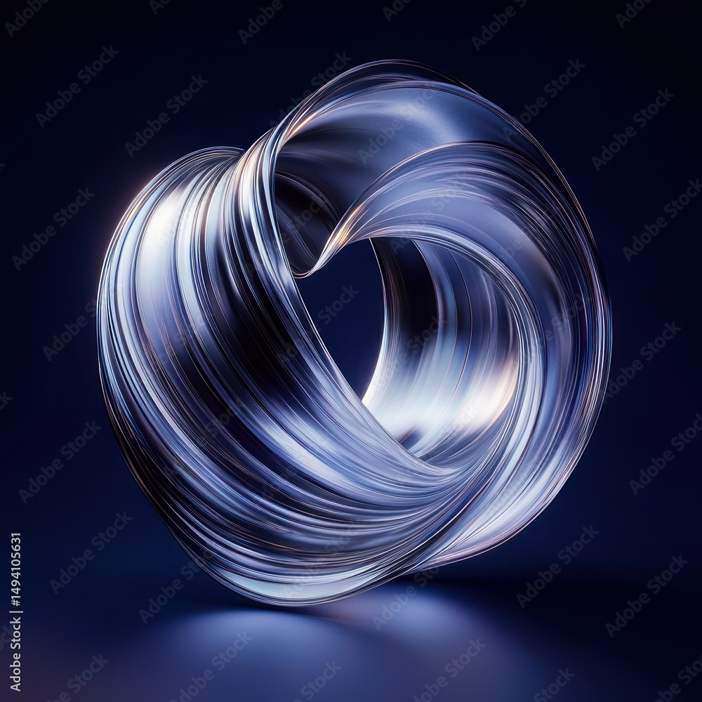 Aufkleber smooth reflective metallic ribbon twisting into an abstract loop against a dark blue background, evo