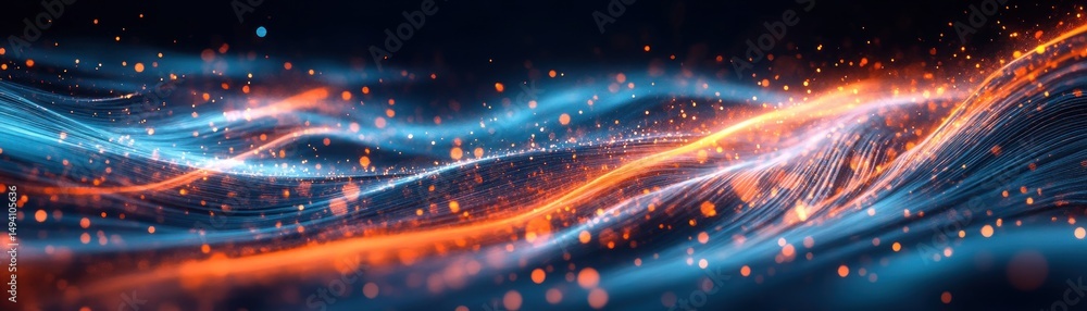 Poster abstract flowing waves of blue and orange light particles creating dynamic motion and glowing energy