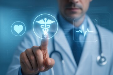 Doctor touching caduceus icon on futuristic medical interface