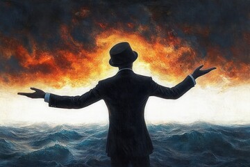 Man in suit and hat standing with arms outstretched facing turbulent ocean and dramatic fiery orange sky