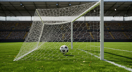 Soccer ball inside net during goal, dynamic and realistic