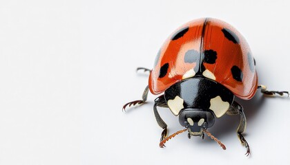Fototapeta premium close-up of a shiny red ladybug with black spots on a smooth white surface showing detailed antennae and legs