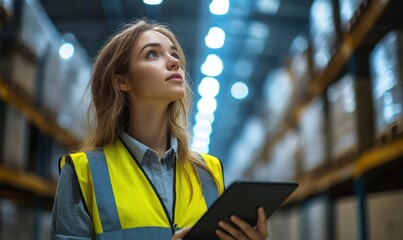 Young woman in a fluorescent safety vest holding a tablet and looking upwards thoughtfully inside a large warehouse with shelves filled with boxes