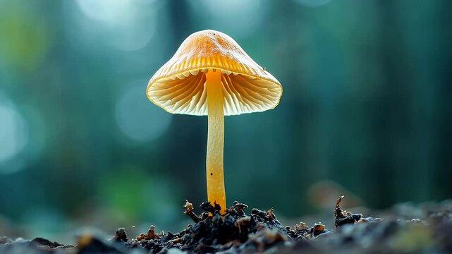 A vibrant macro shot of a solitary mushroom with a textured cap and slender stem emerging from dark soil against a soft blurred forest background with a shallow depth of field.