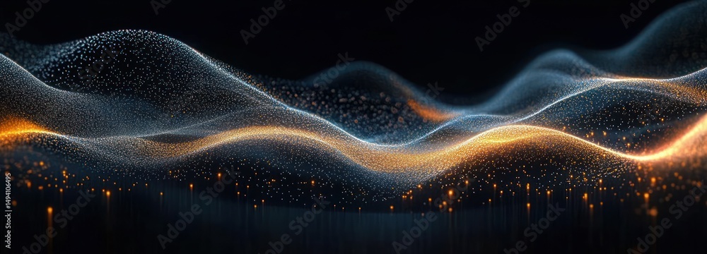 Poster abstract digital wave composed of glowing orange and white particles creating a flowing dynamic patt