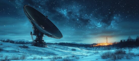Large satellite dish antenna in snowy landscape under a starry night sky with a glowing distant tower and mountainous horizon