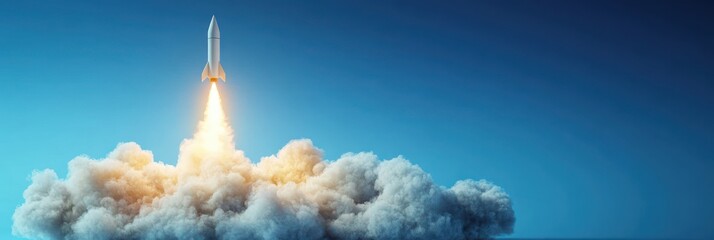 White rocket blasting off into clear blue sky with bright fiery exhaust and thick clouds of smoke below during liftoff