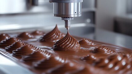 Close-up view of a machine depositing chocolate on a mold.