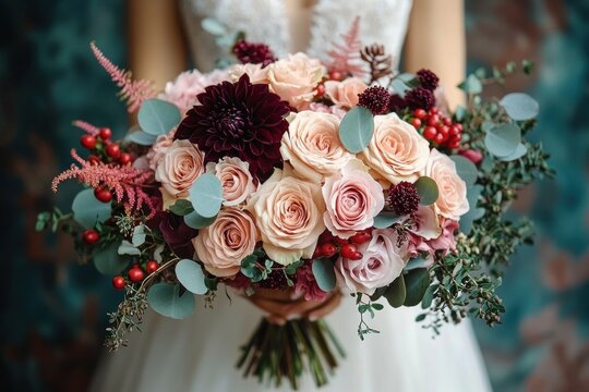 Elegant bridal bouquet featuring soft peach roses, deep burgundy flowers, red berries, and lush greenery held by a bride in a white lace wedding dress - Powered by Adobe
