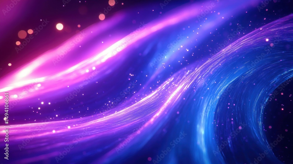 Poster abstract flowing streams of purple and blue light particles creating a glowing, dynamic and futurist