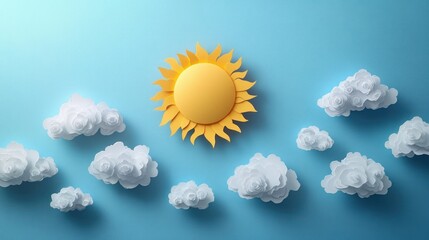 Bright yellow sun surrounded by fluffy white paper-crafted clouds against a clear blue sky, evoking a cheerful and whimsical atmosphere