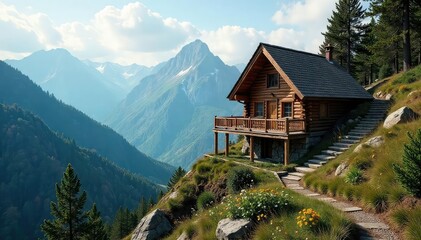 Fototapeta premium A cozy cabin nestled high in the mountains, accessed by a winding, wooden staircase Rustic charm and breathtaking views , ascending, wilderness, wild