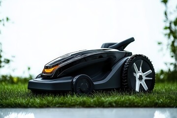 sleek black automated robotic lawn mower on green grass with blurred natural background suggesting advanced gardening technology
