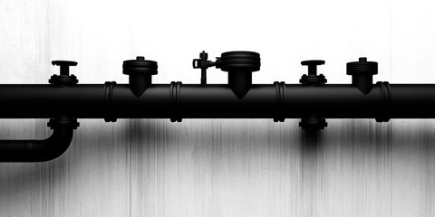 black industrial pipeline with multiple valves mounted horizontally against a white textured wall casting shadows, conveying a stark and mechanical atmosphere