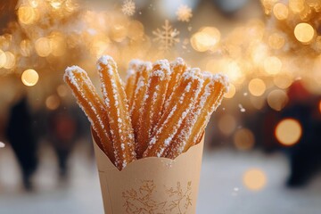 Close-up of a paper container filled with sugar-coated churros with soft golden bokeh lights and snowflakes in the cozy background