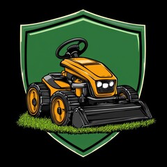 Illustration of an orange robotic lawn mower with black wheels and headlights on green grass in front of a green shield-shaped background