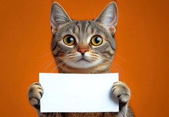 Close-up of a cute tabby cat holding a blank white sign against an orange background with wide eyes and focused expression