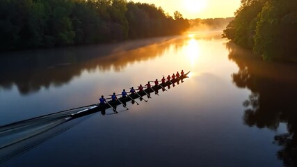 Aerial view of a rowing team on calm water at sunrise silhouettes of rowers in a long boat with sunlight and fog adding to the tranquil atmosphere. - Powered by Adobe