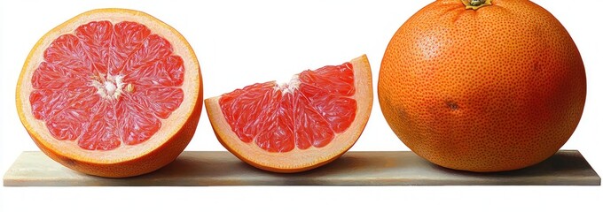 Whole grapefruit, half grapefruit, and grapefruit slice arranged on a wooden board with bright, juicy red pulp and textured orange rind