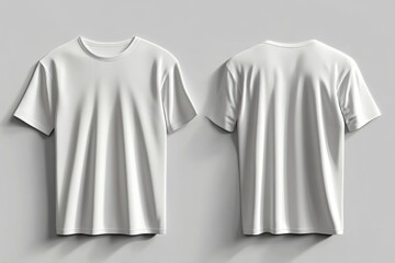 front and back view of two plain white short-sleeve t-shirts displayed on a gray background highlighting fabric texture and fit