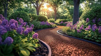 Curved gravel garden pathway surrounded by lush green plants and vibrant purple flowers under golden sunlight