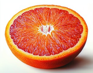 Close-up of a fresh half of a ripe blood orange showing vibrant red and orange juicy segments and textured peel on a white background