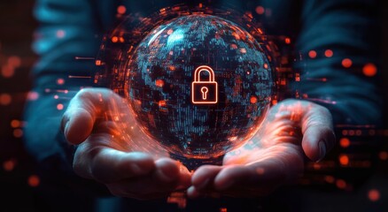 Two hands holding a glowing digital globe with a red padlock symbolizing cybersecurity and data protection