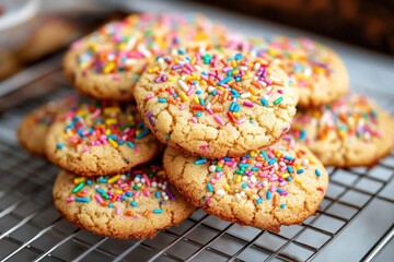 Close-up of freshly baked round sugar cookies topped with colorful rainbow sprinkles stacked on cooling rack