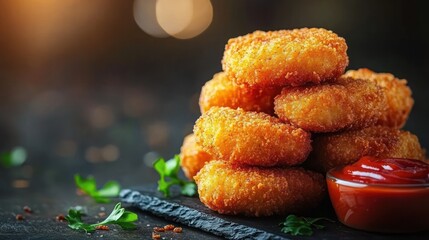 Stack of crispy golden breaded chicken nuggets served with a side of bright red ketchup and fresh green herbs on a dark rustic surface