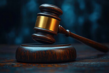 Close-up of a wooden judge's gavel with a gold band resting on a matching sound block on a dark wooden surface with a blurred blue background conveying authority and justice