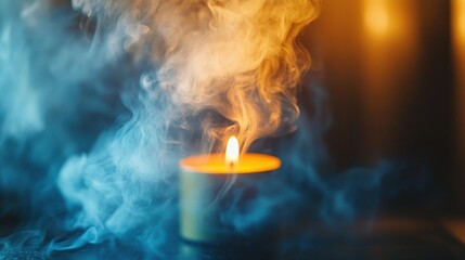 Close-up of a glowing candle flame surrounded by swirling blue and orange smoke creating a mysterious and warm atmosphere