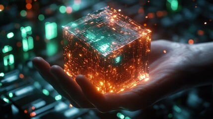 Glowing futuristic circuit cube held in outstretched hand with vibrant orange and teal lights in dark tech environment