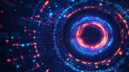 Futuristic circular digital interface with vibrant blue and orange glowing data streams and intricate light patterns radiating in concentric rings