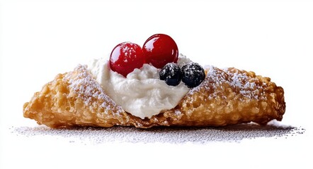 crispy golden pastry filled with whipped cream and topped with fresh red cherries and blueberries dusted with powdered sugar