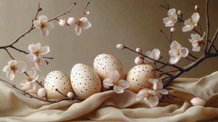 Four speckled eggs nestled among blossoming branches with delicate white flowers on a soft beige fabric background conveying a serene and natural springtime scene
