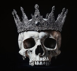 A detailed human skull wearing an ornate silver crown against a dark background, evoking a powerful and eerie atmosphere