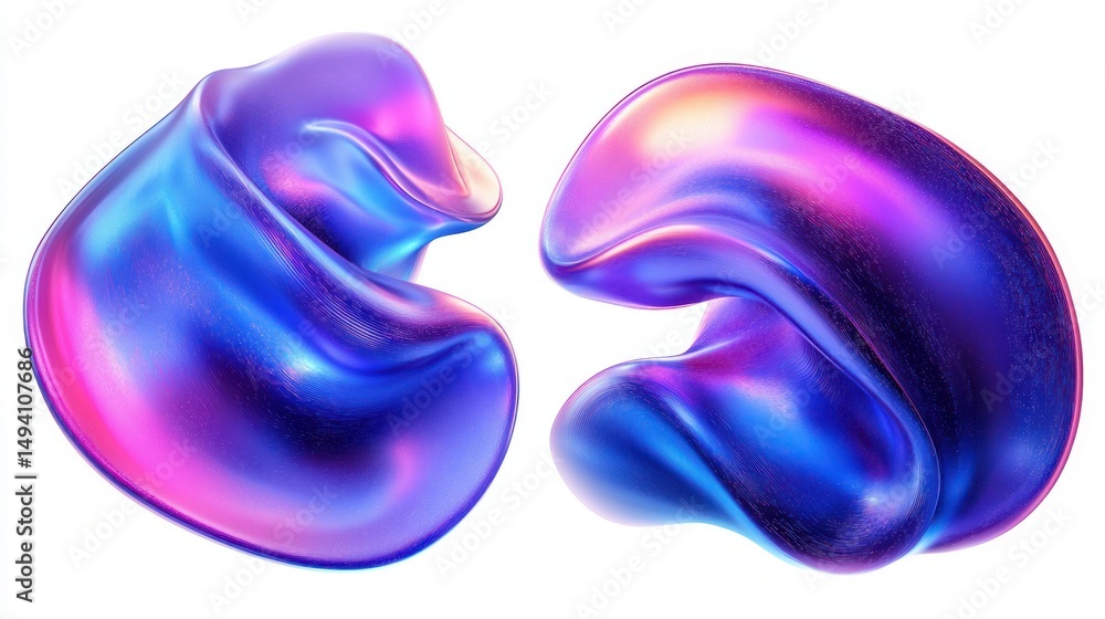 Poster two abstract, shiny, fluid-like forms with smooth surfaces displaying vibrant gradients of blue, pur