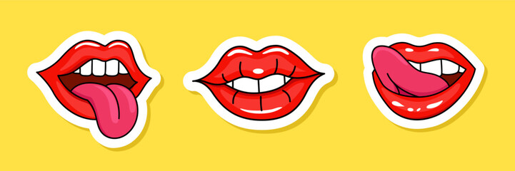 Red Lips stickers in retro style vector illustration. Isolated cartoon set of opened mouth with white contour on yellow