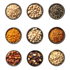 Assorted Nuts and Seeds in Bowls for Healthy Snacking and Cooking Inspiration on transparent background