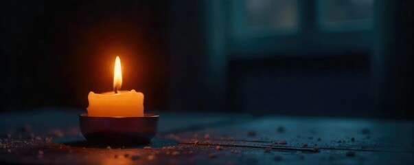 A single, flickering candle casts a warm glow on a cold, empty room, symbolizing the feeling of isolated warmth; a stark contrast of comforting light against chilling solitude , chilly, room