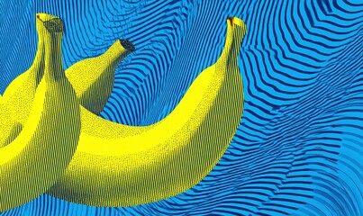 Deux bananes sur fond ondulé bleu