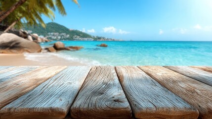 Fototapeta premium A serene beach scene with a wooden surface in the foreground and a vibrant ocean in the background.