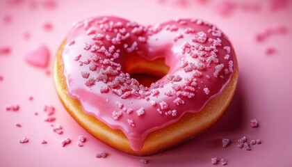 Heart-shaped doughnut covered with pink icing and sugar sprinkles on a matching pink surface, evoking sweetness and affection