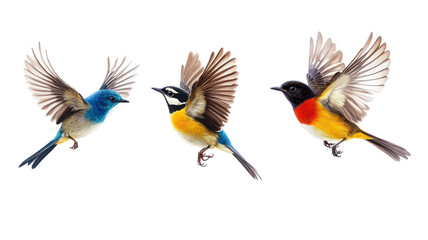 Obraz premium Three Colorful Songbirds: Bluethroat, Robin, and Whinchat on Transparent Background