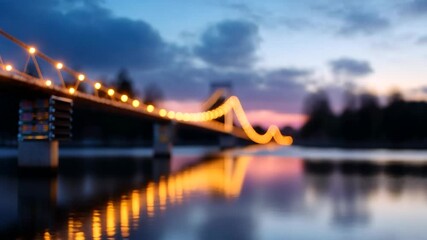 Illuminated suspension bridge at dusk reflecting in calm water with vibrant bokeh lights against a serene twilight sky. - Powered by Adobe