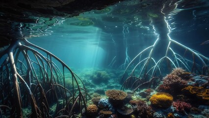 Obraz premium Enthralling Underwater World Exploring the Mystical Depths of Mangrove Forests and Vibrant Coral Reefs