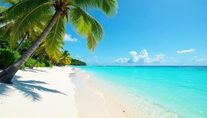 Blank tropical beach scene, empty white sand, turquoise ocean, clear sky , peaceful, calm, paradise