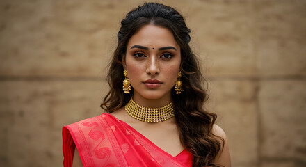 Portrait of a blonde European young Woman with Freckles Wearing a reddish Sari and Gold Jewelry