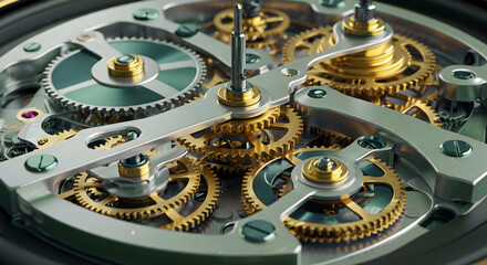Golden, accurate complexity symbol german old watch mechanism. Close-Up of a Finely Detailed Antique Pocket Watch with Intricate Mechanical Gears and Blue Accents